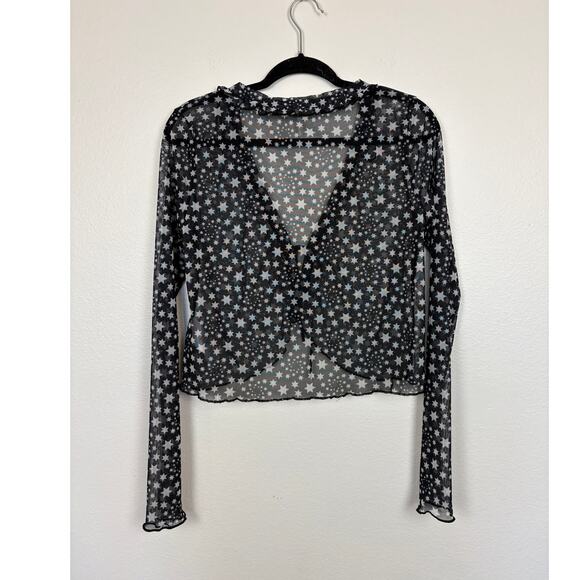 Free People Marne Tie Front Ruffle Long Sleeve Mesh Blouse in Star Print Medium - Picture 3 of 6